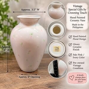 Vintage Crowning Touch Hand Painted Ceramic Floral Vase Pink Ivory 6 Inch